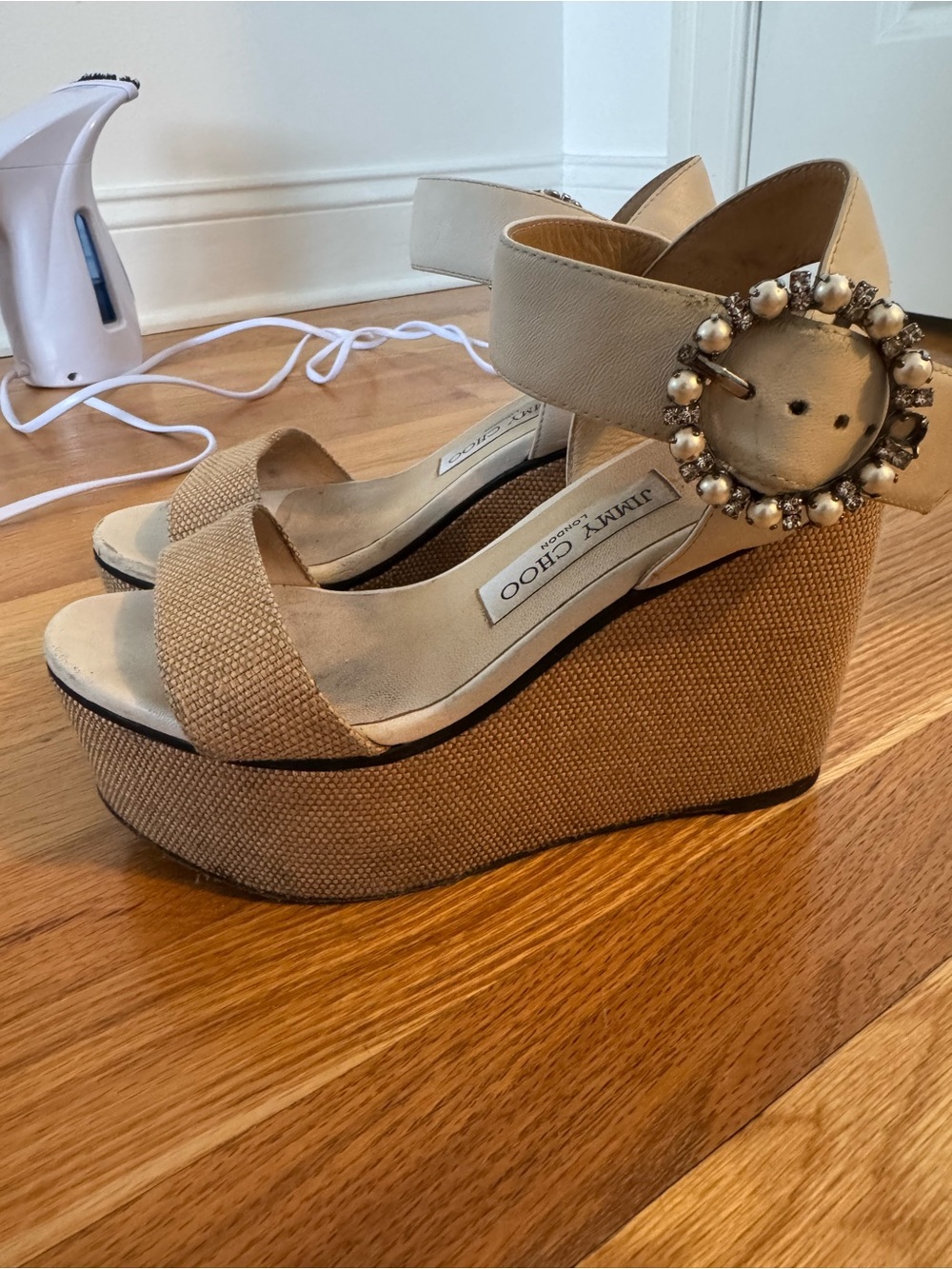 Jimmy Choo Tan & White Platform Wedges - Picture 10 of 14